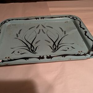 Vintage Blue Metal Tray with Black Floral Design